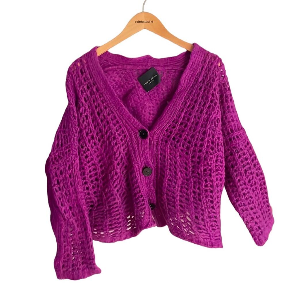 Roberto Collina Open-Knit Button-Front Cardigan in Magenta